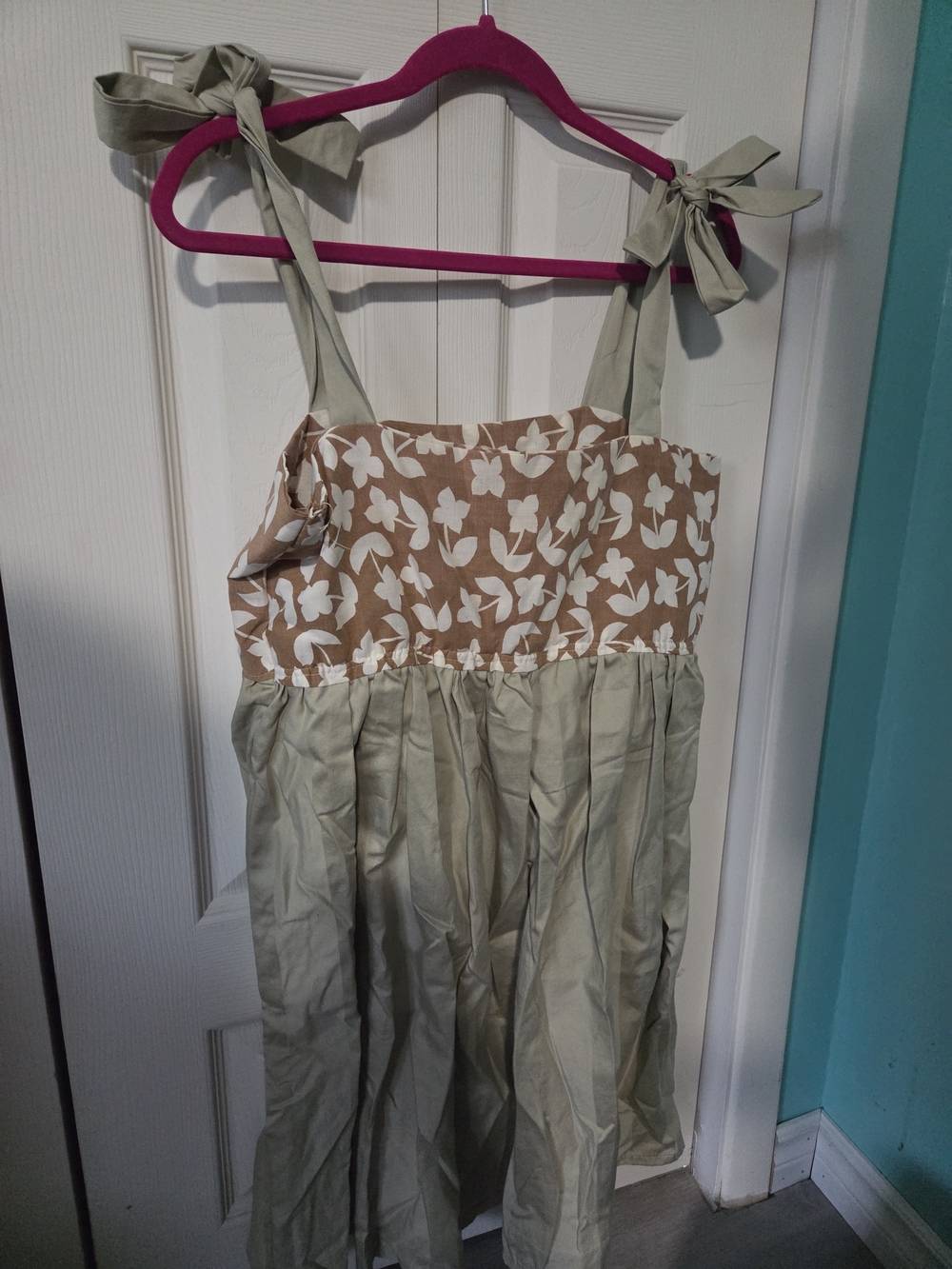 Handmade Tie-Shoulder Floral Bodice Cotton Sundress in Beige & Sage